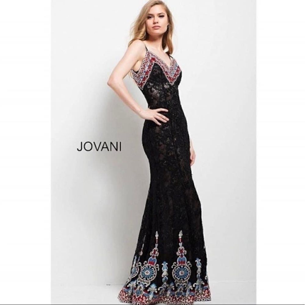 NWT Jovani Black Lace Embroidered Beaded Gown